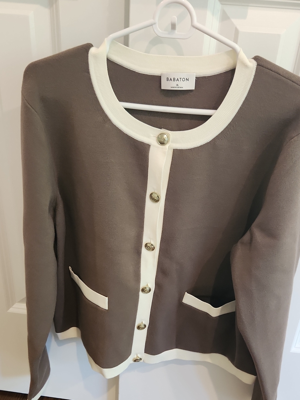 Babaton Taupe with Cream Trim Button Cardigan